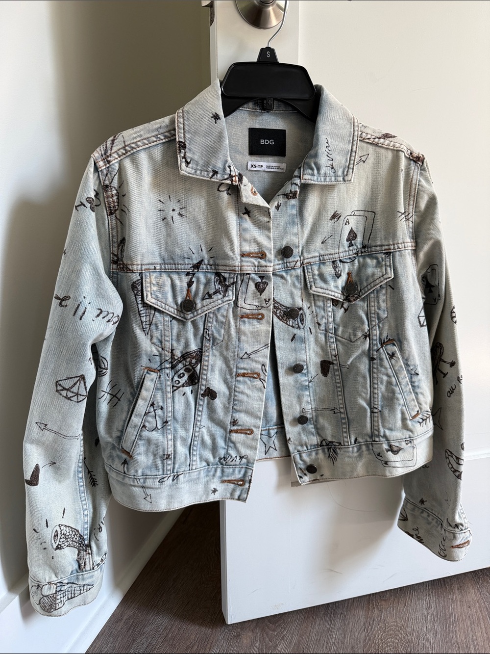 Yves Saint Laurent Light Wash Denim Jacket with Black Sketch Motifs